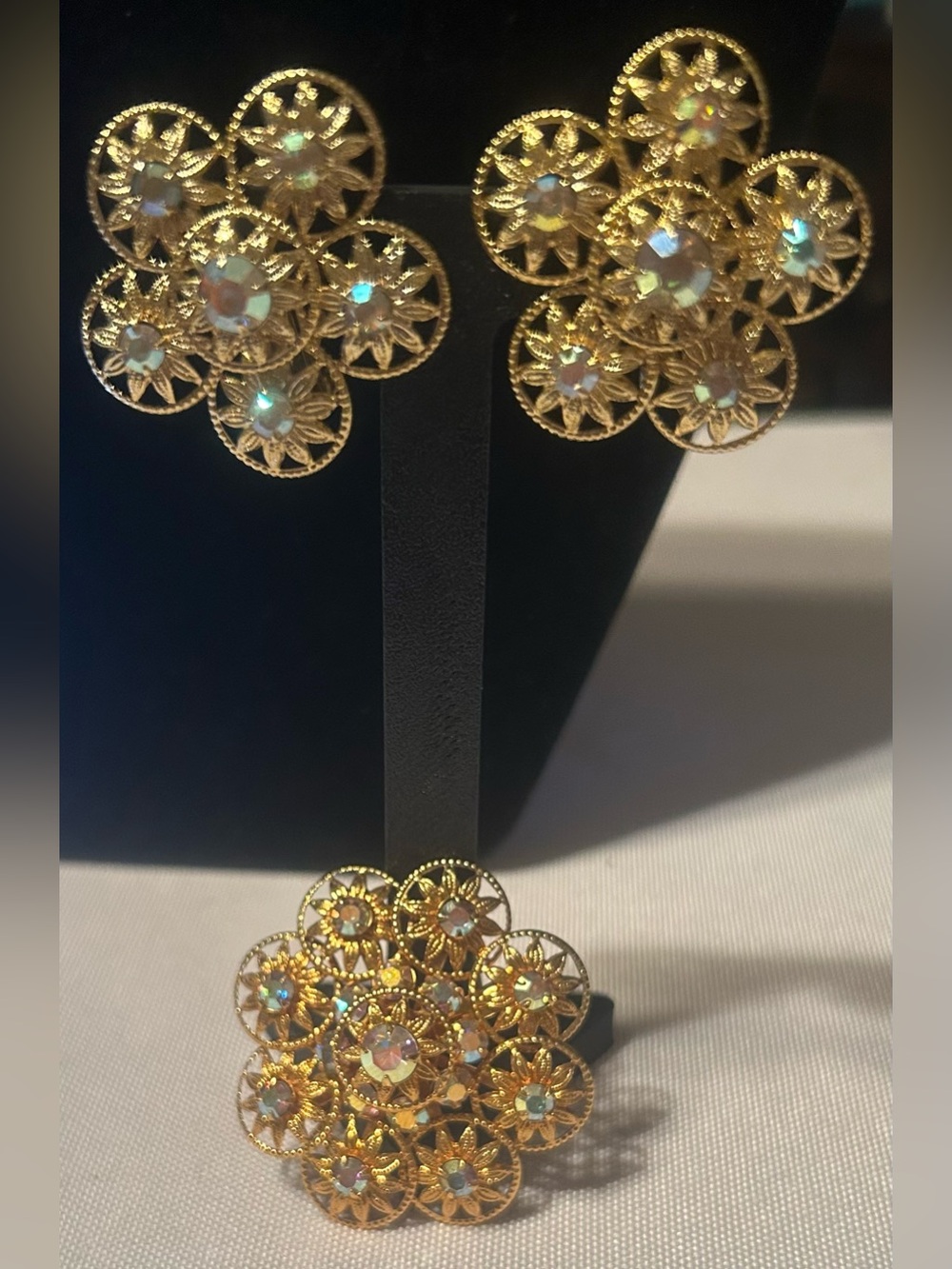 Vintage Rose/Gold Tone Filigree Flower Clip-On Earrings and Brooch Set